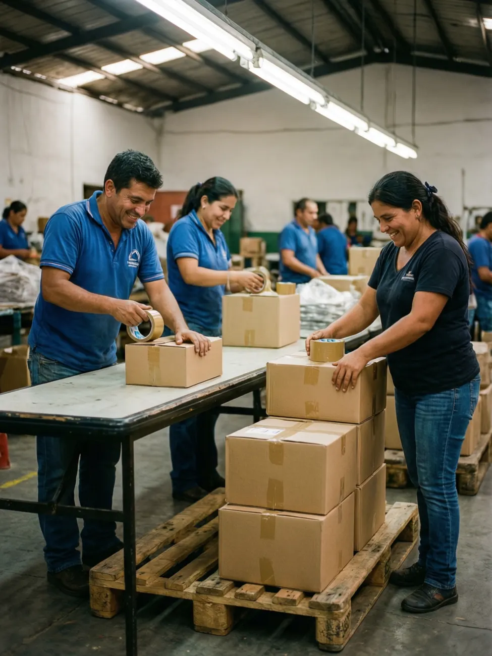 Operarios cerrando cajas con cinta de embalar