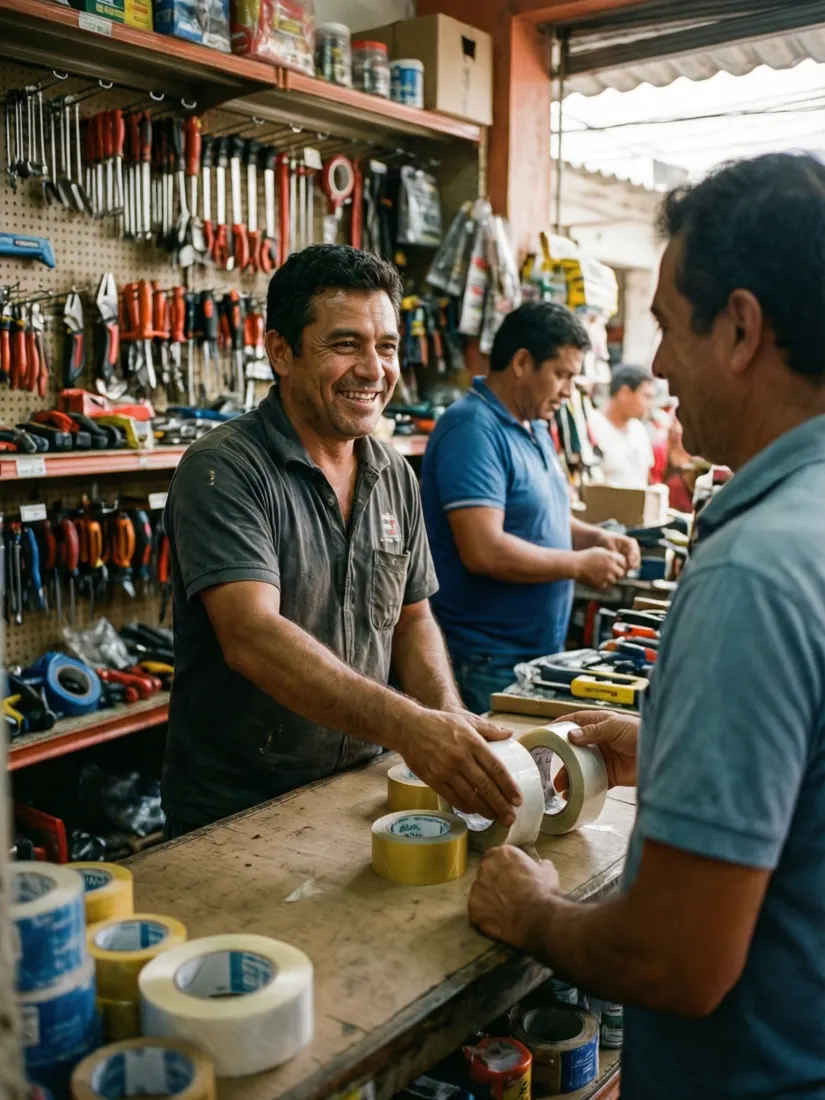 Mostrador de ferretería con rollos de cinta
