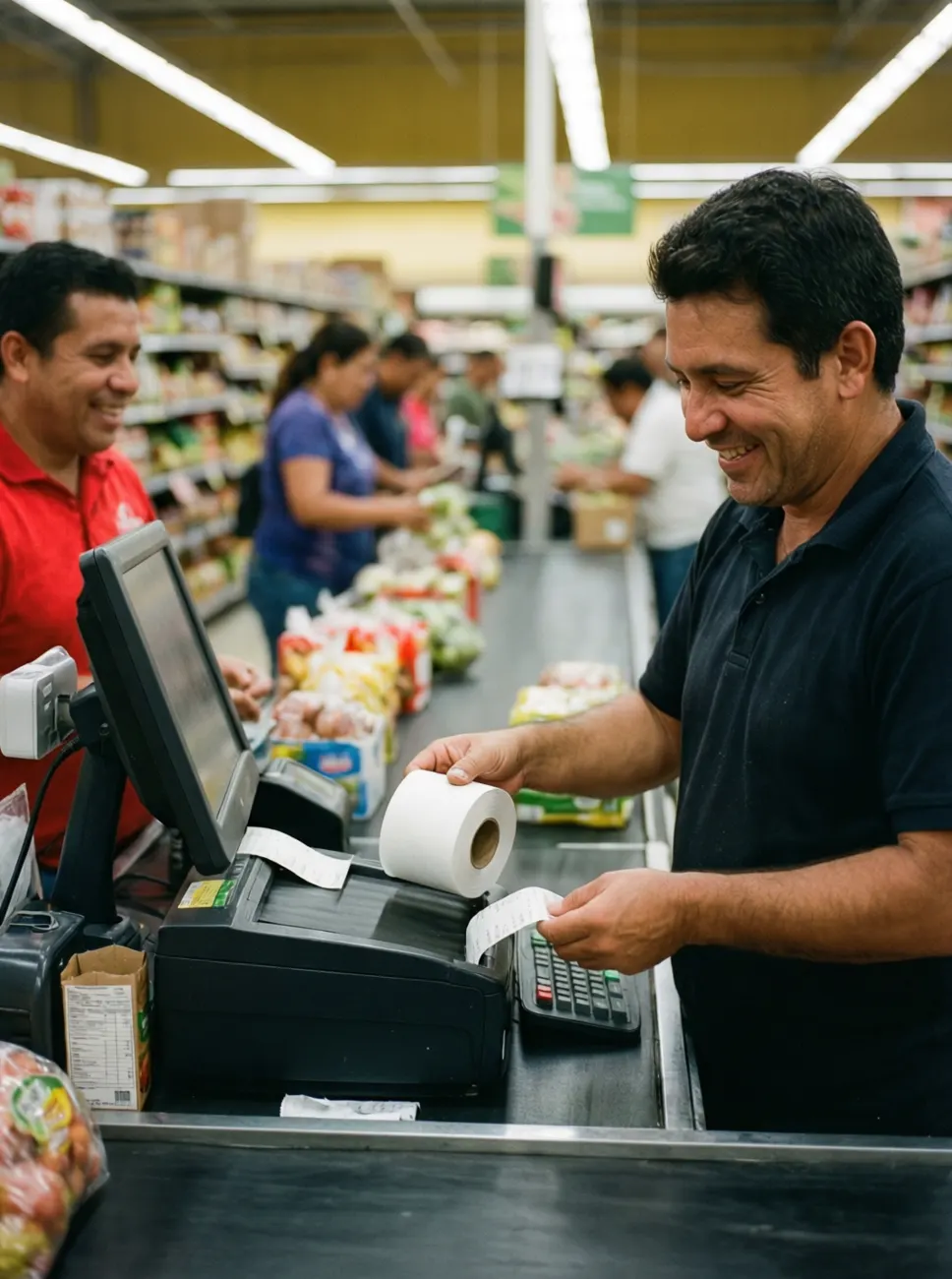 Cajero cambiando el rollo térmico de la caja registradora